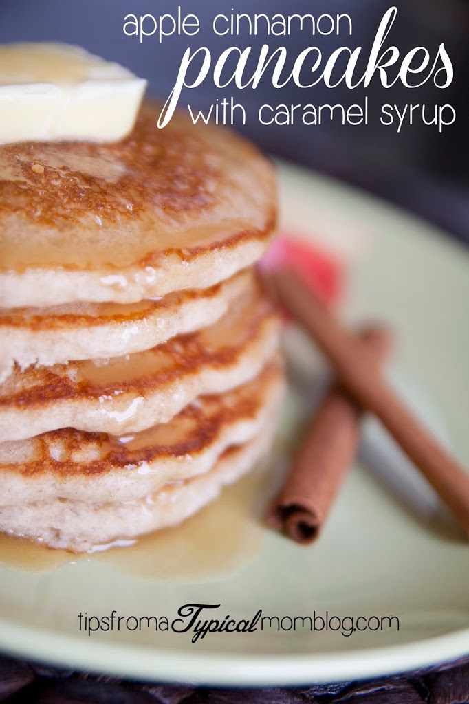 Fresh Apple Cinnamon Pancakes with Homemade Caramel Syrup from Tips From a Typical Mom. #pancakes #recipe #breakfast