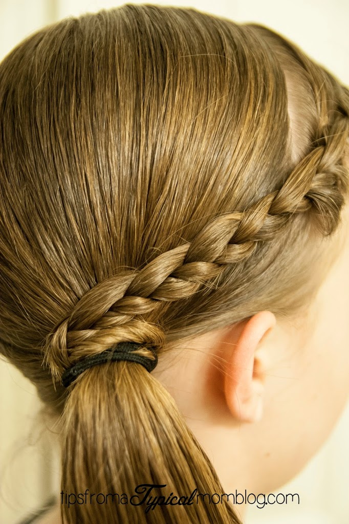 Braided bangs into a Side Pony Tail Tween Hair do from Tips From a Typical Mom.